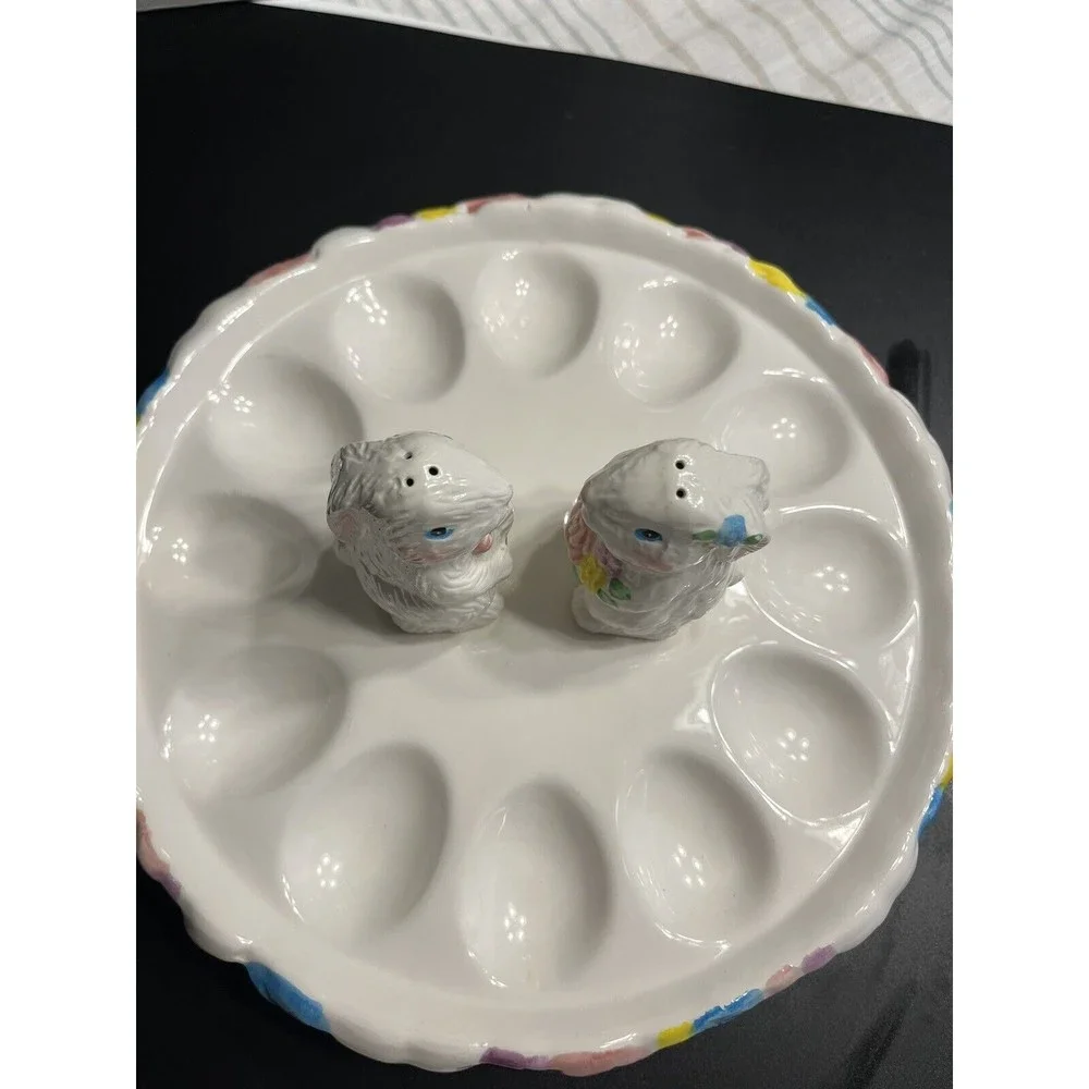 Ceramic Easter Egg Plate with Bunny Rabbit Salt n Pepper Shakers IOB
